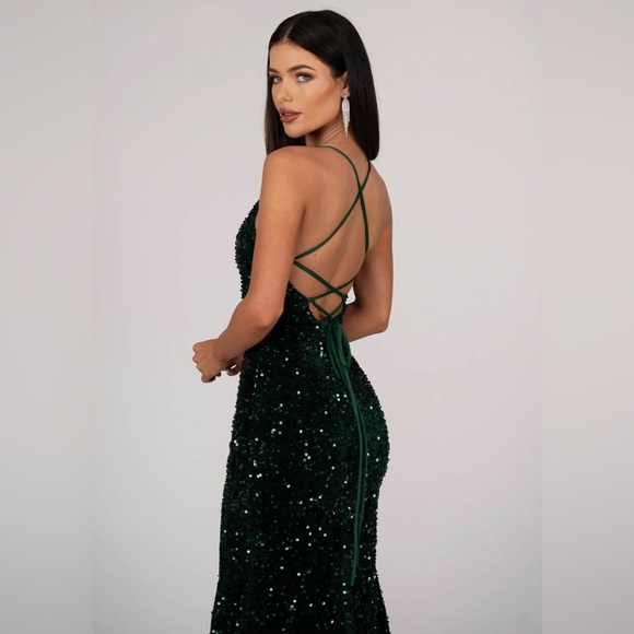 Side Slit Velvet Sequin Gown - Emerald - Picture 6 of 7